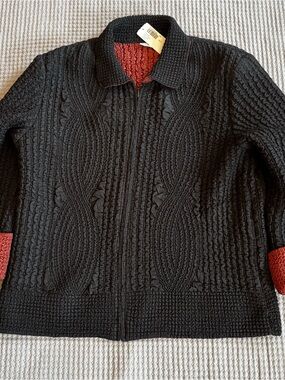 Reversible Black Textured Zip-Front Light Jacket with Rust-colored Trim